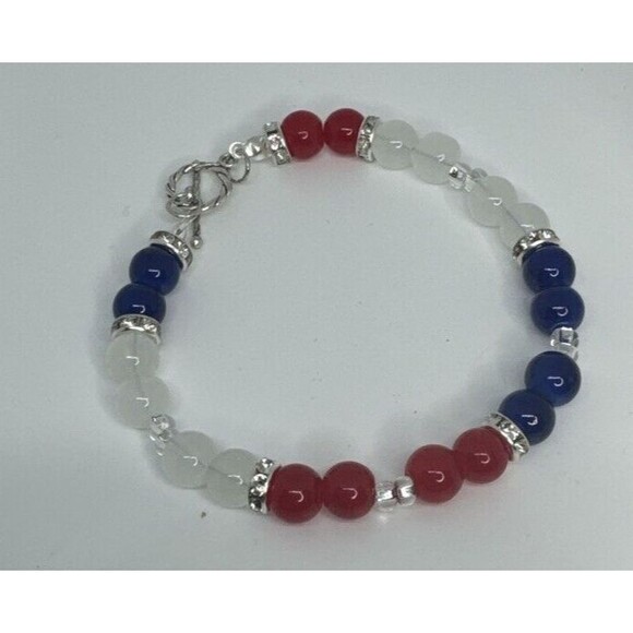 27" Eyeglass Chain Bracelet Earring Set Red White Blue Glass Beads Handmade - Picture 5 of 12